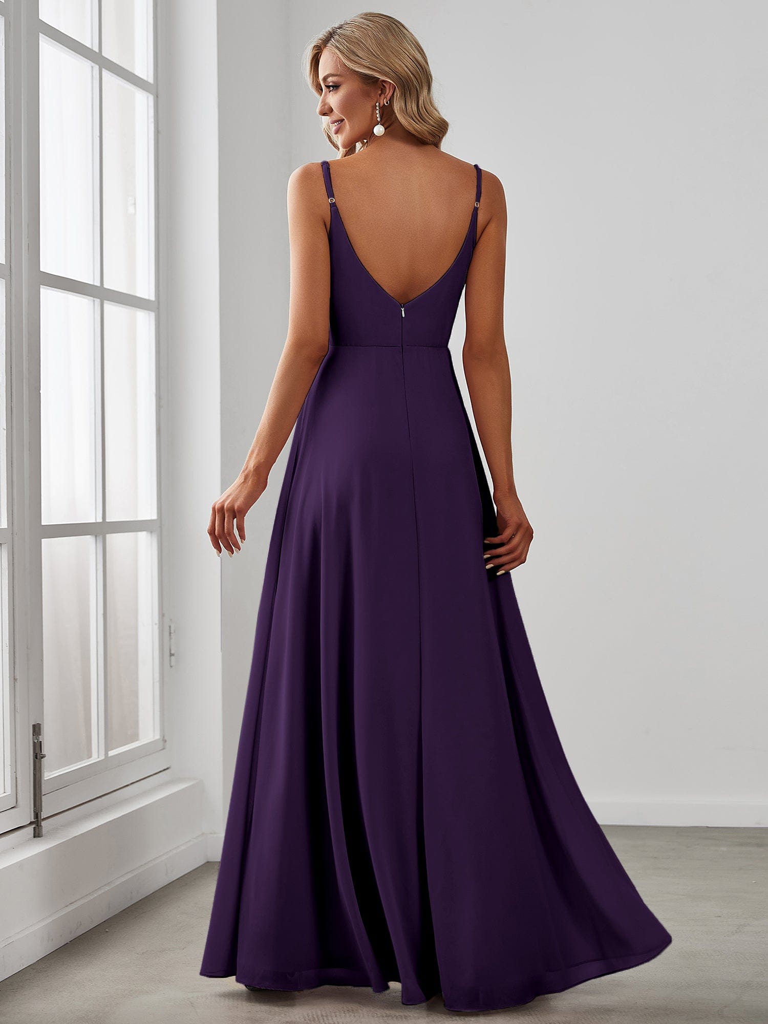 Spaghetti Strap Pleated V-Neck High Slit Bridesmaid Dress #color_Dark Purple