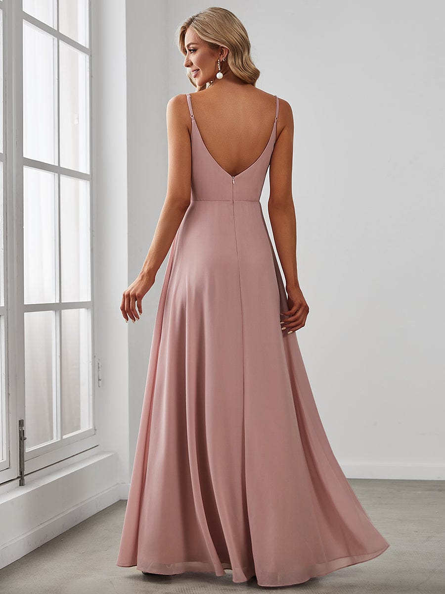 Spaghetti Strap Pleated V-Neck High Slit Bridesmaid Dress #color_Dusty Rose