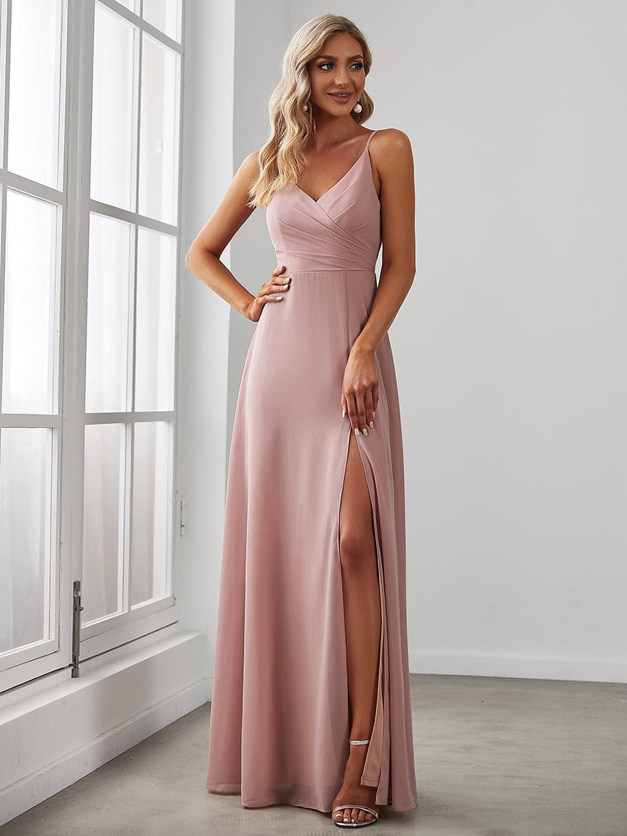 Spaghetti Strap Pleated V-Neck High Slit Bridesmaid Dress #color_Dusty Rose