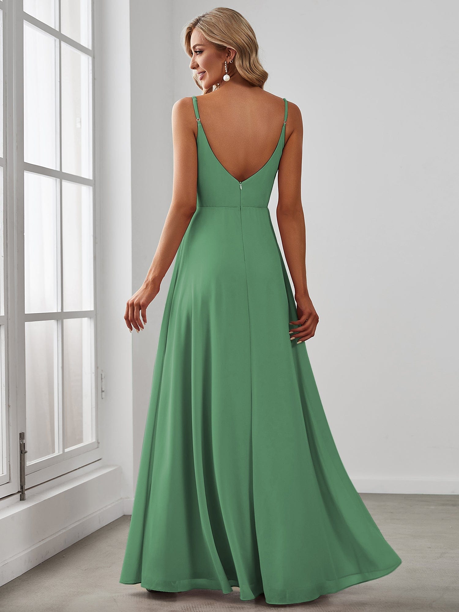 Spaghetti Strap Pleated V-Neck High Slit Bridesmaid Dress #color_Green Bean