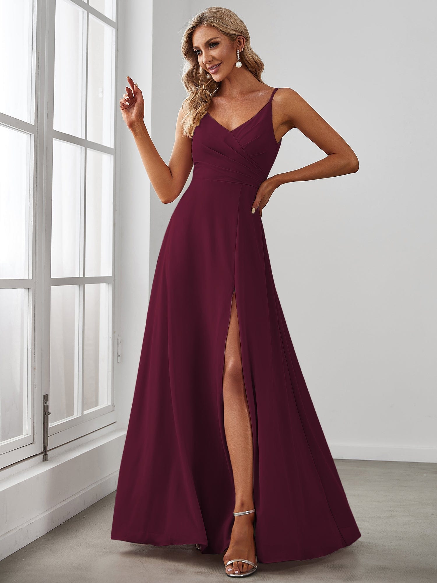 Spaghetti Strap Pleated V-Neck High Slit Bridesmaid Dress #color_Mulberry