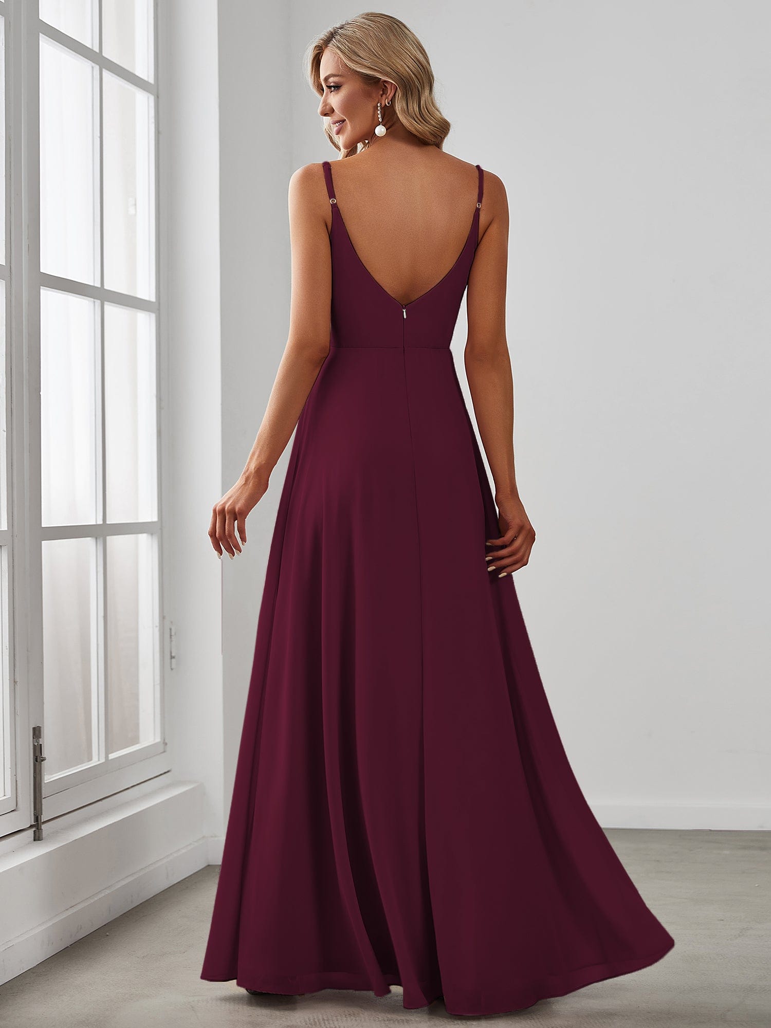 Spaghetti Strap Pleated V-Neck High Slit Bridesmaid Dress #color_Mulberry