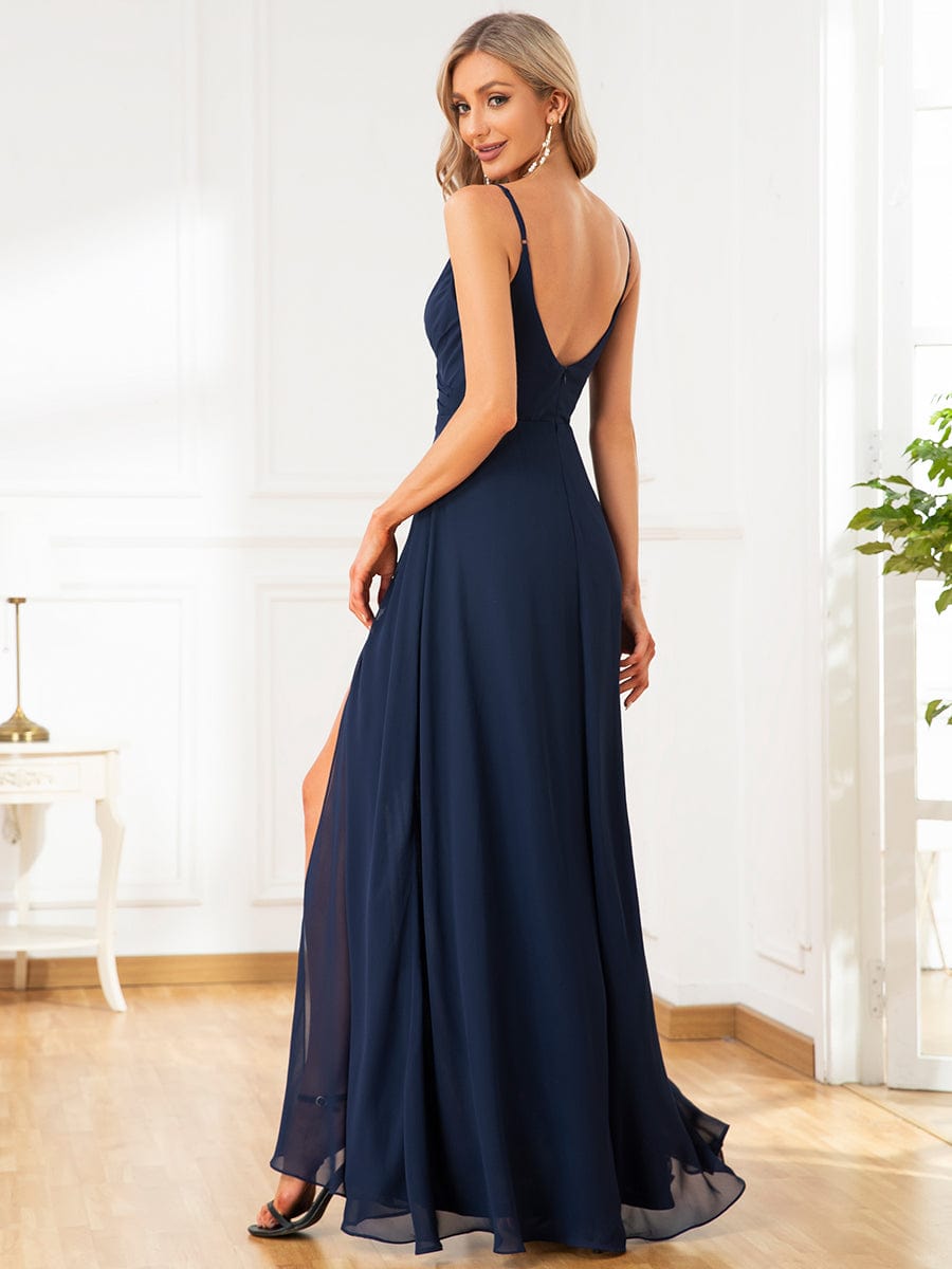 Spaghetti Strap Pleated V-Neck High Slit Bridesmaid Dress #color_Navy Blue