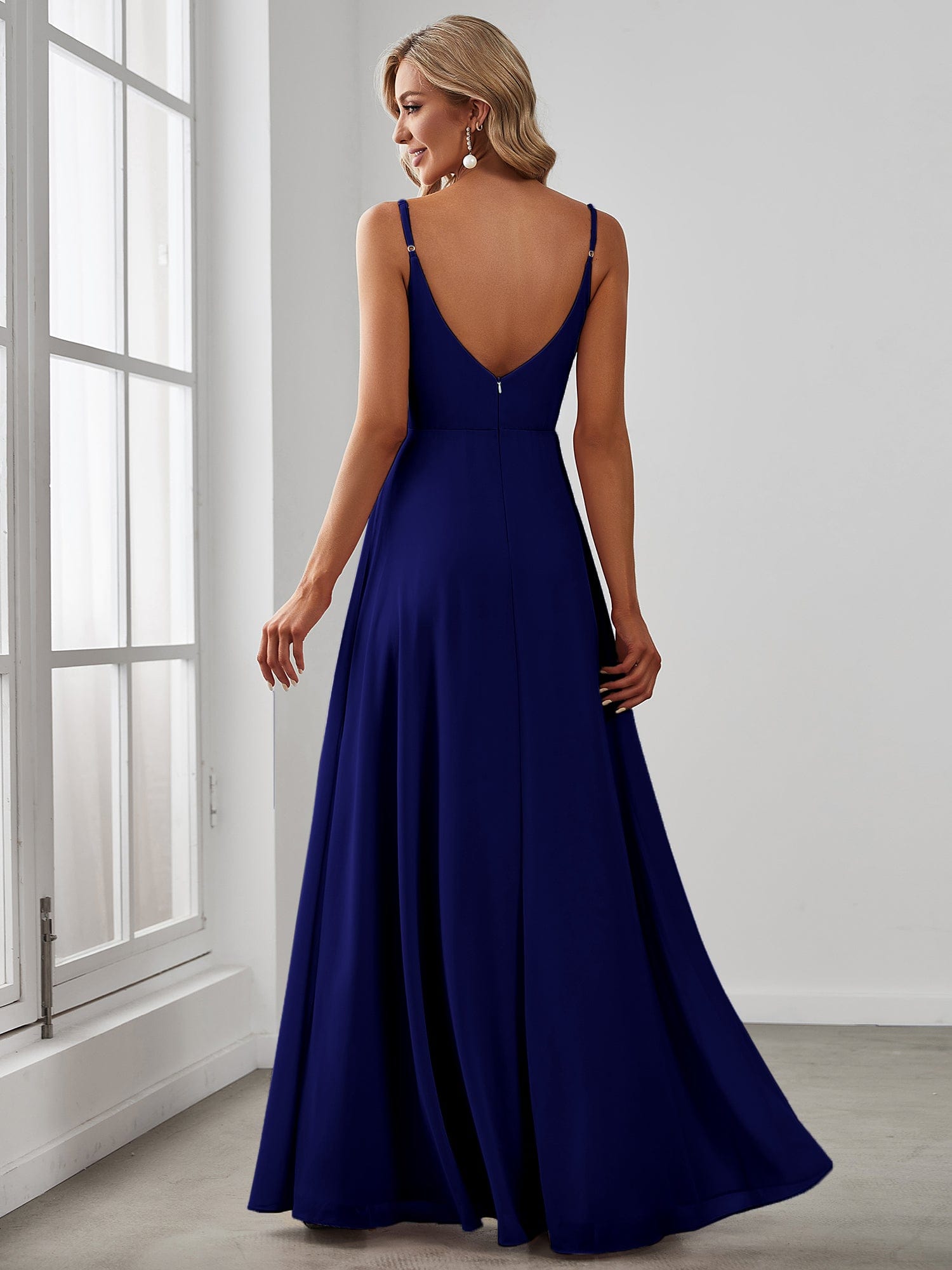 Spaghetti Strap Pleated V-Neck High Slit Bridesmaid Dress #color_Royal Blue