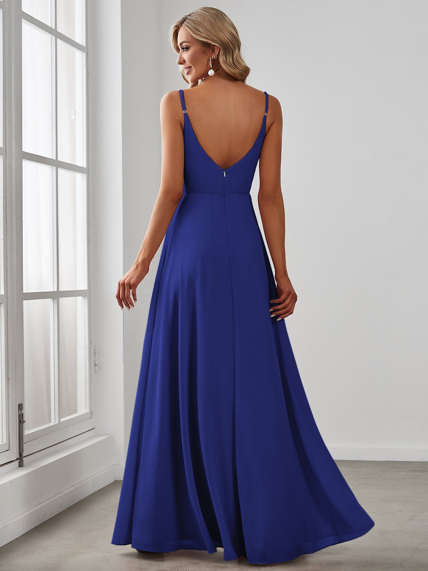 Spaghetti Strap Pleated V-Neck High Slit Bridesmaid Dress #color_Sapphire Blue