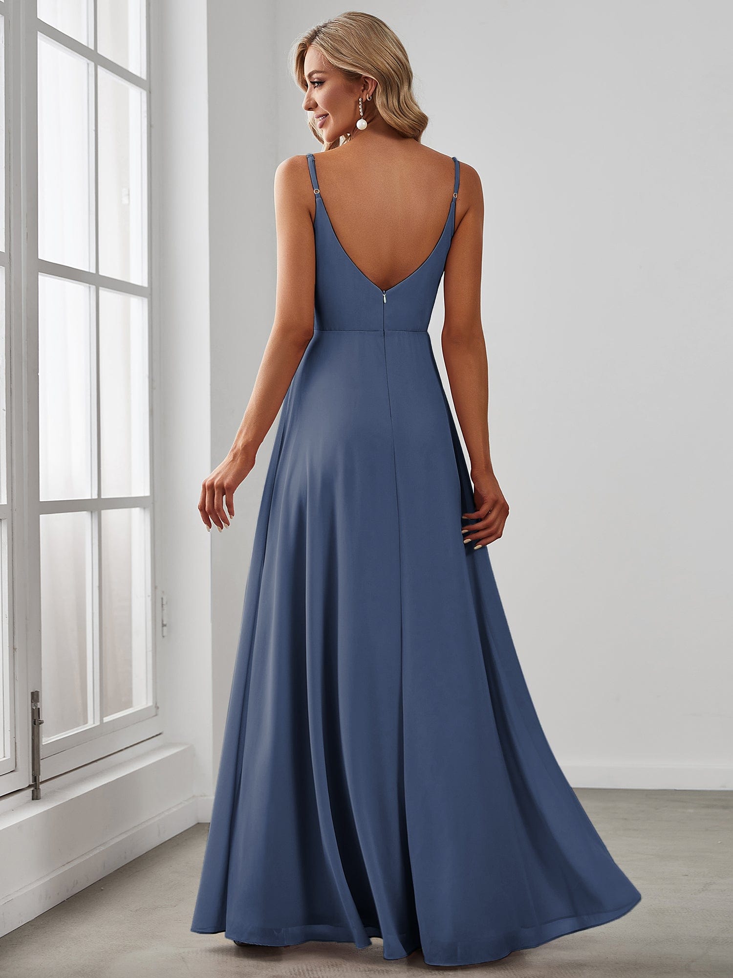 Spaghetti Strap Pleated V-Neck High Slit Bridesmaid Dress #color_Stormy