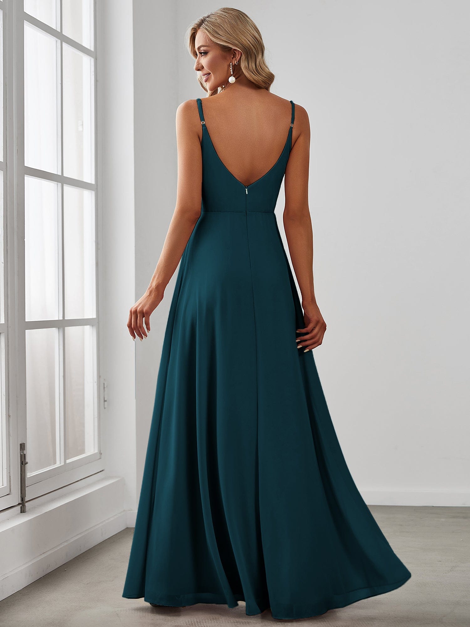 Spaghetti Strap Pleated V-Neck High Slit Bridesmaid Dress #color_Teal