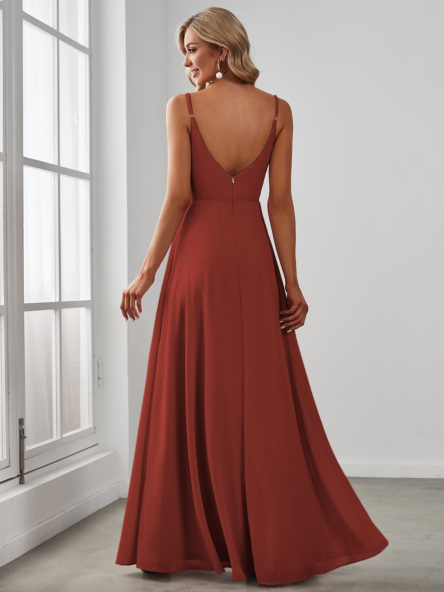 Spaghetti Strap Pleated V-Neck High Slit Bridesmaid Dress #color_Vermilion