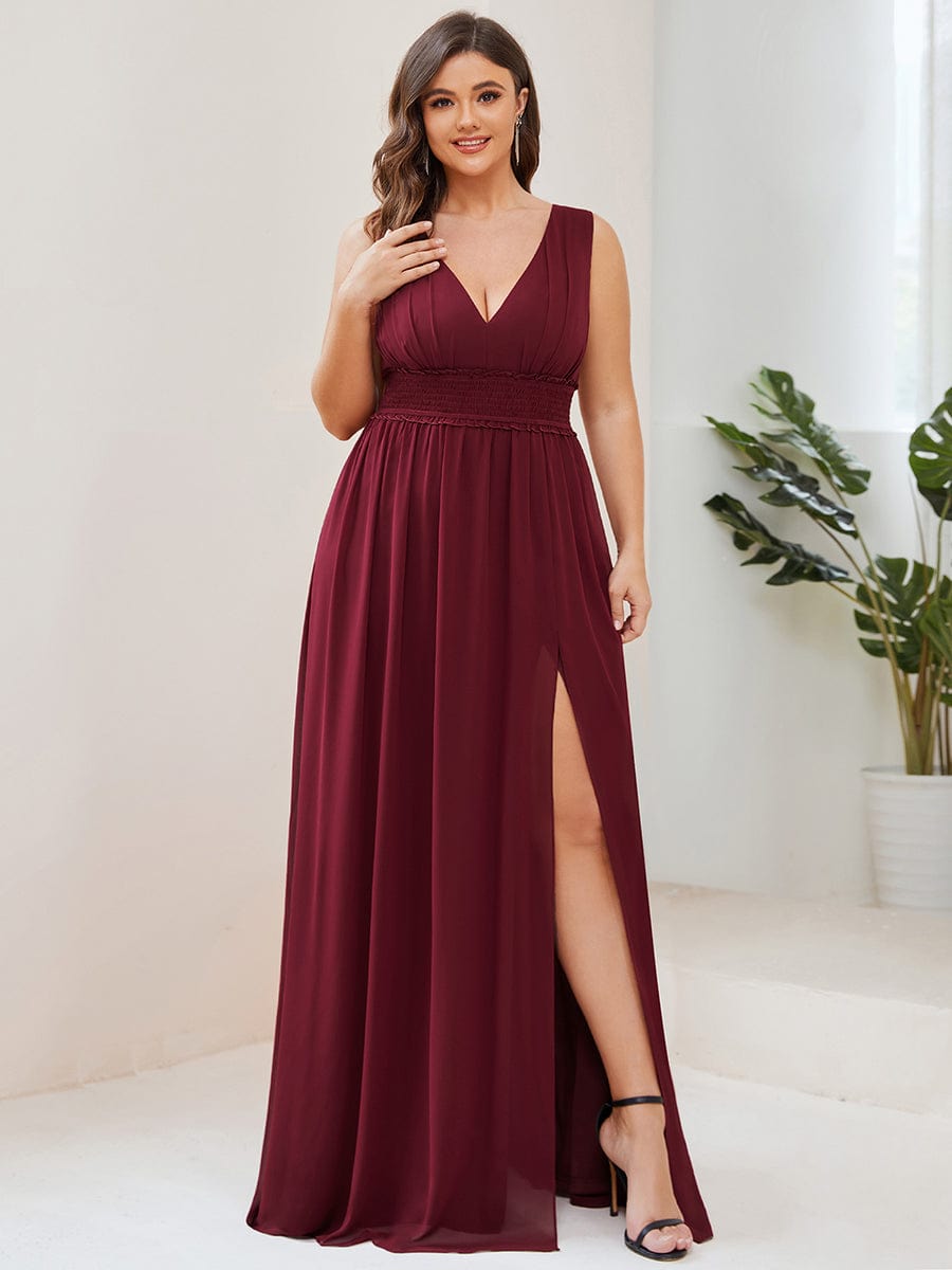 V-Neck Sleeveless Front Slit Pleated Chiffon Bridesmaid Dress #Color_Burgundy