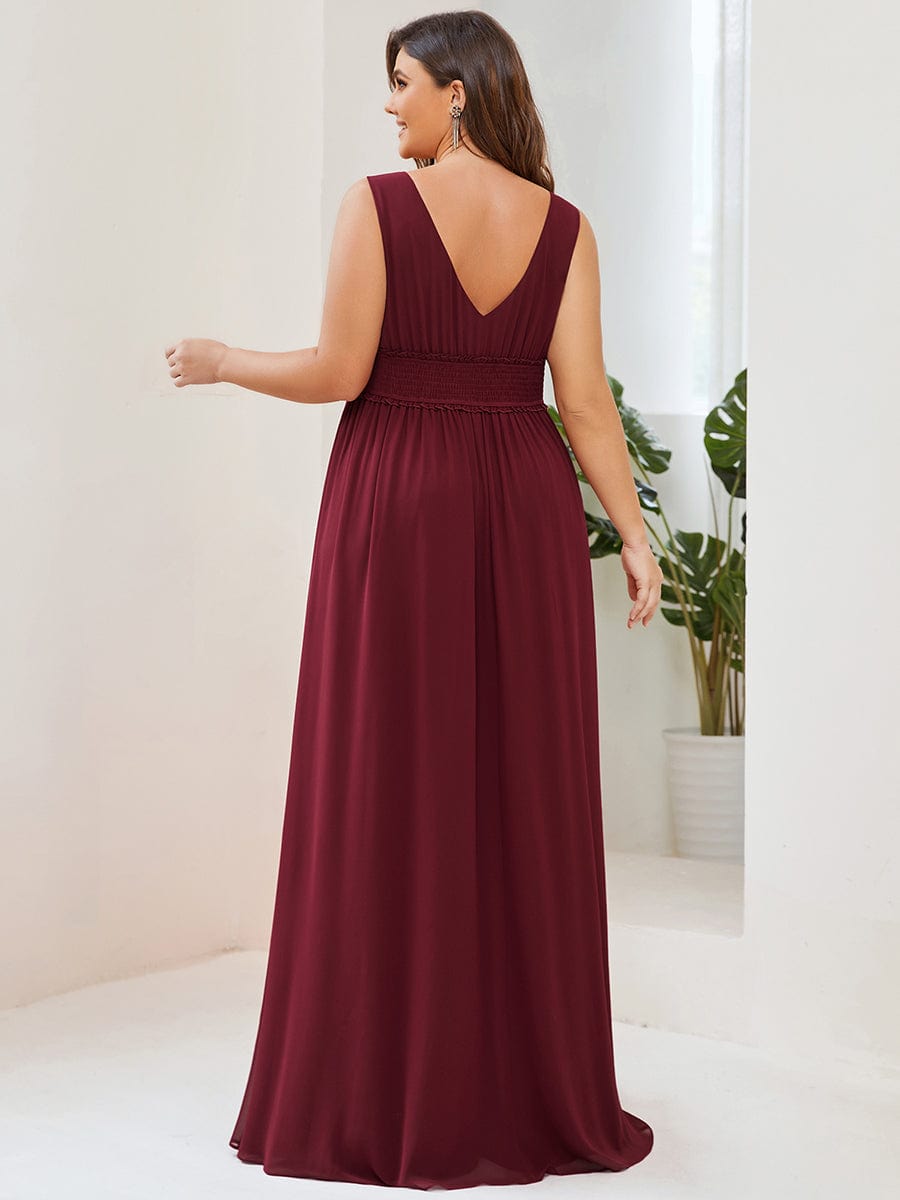 V-Neck Sleeveless Front Slit Pleated Chiffon Bridesmaid Dress #Color_Burgundy