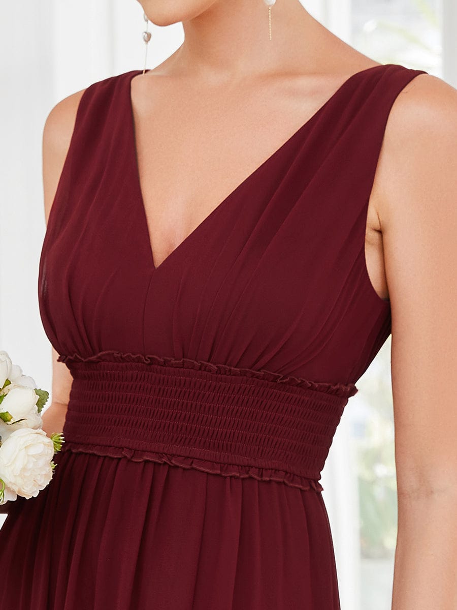 V-Neck Sleeveless Front Slit Pleated Chiffon Bridesmaid Dress #Color_Burgundy