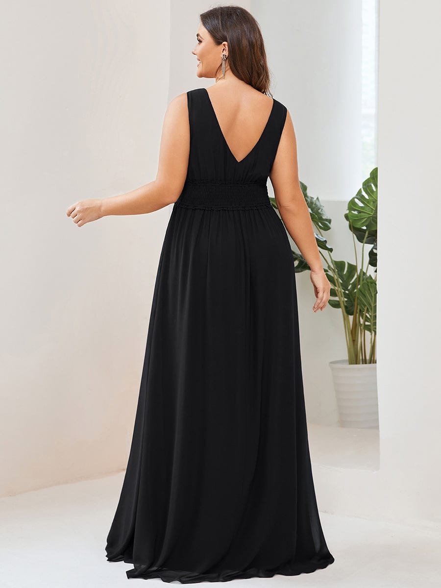 V-Neck Sleeveless Front Slit Pleated Chiffon Bridesmaid Dress #Color_Black