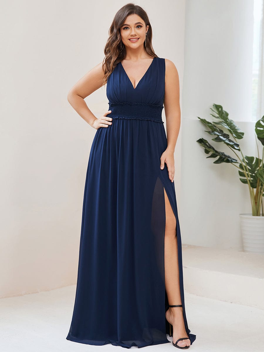 Plus Size V-Neck Sleeveless Pleated Chiffon Bridesmaid Dress with Slit #Color_Navy Blue