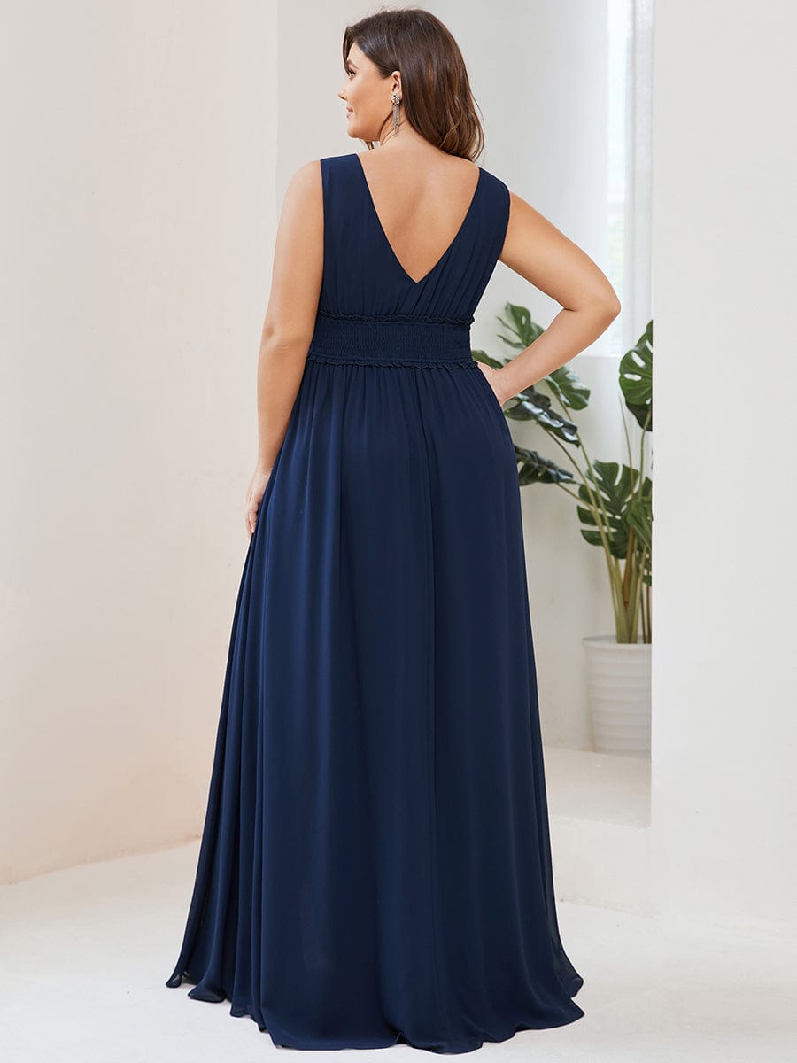 V-Neck Sleeveless Front Slit Pleated Chiffon Bridesmaid Dress #Color_Navy Blue