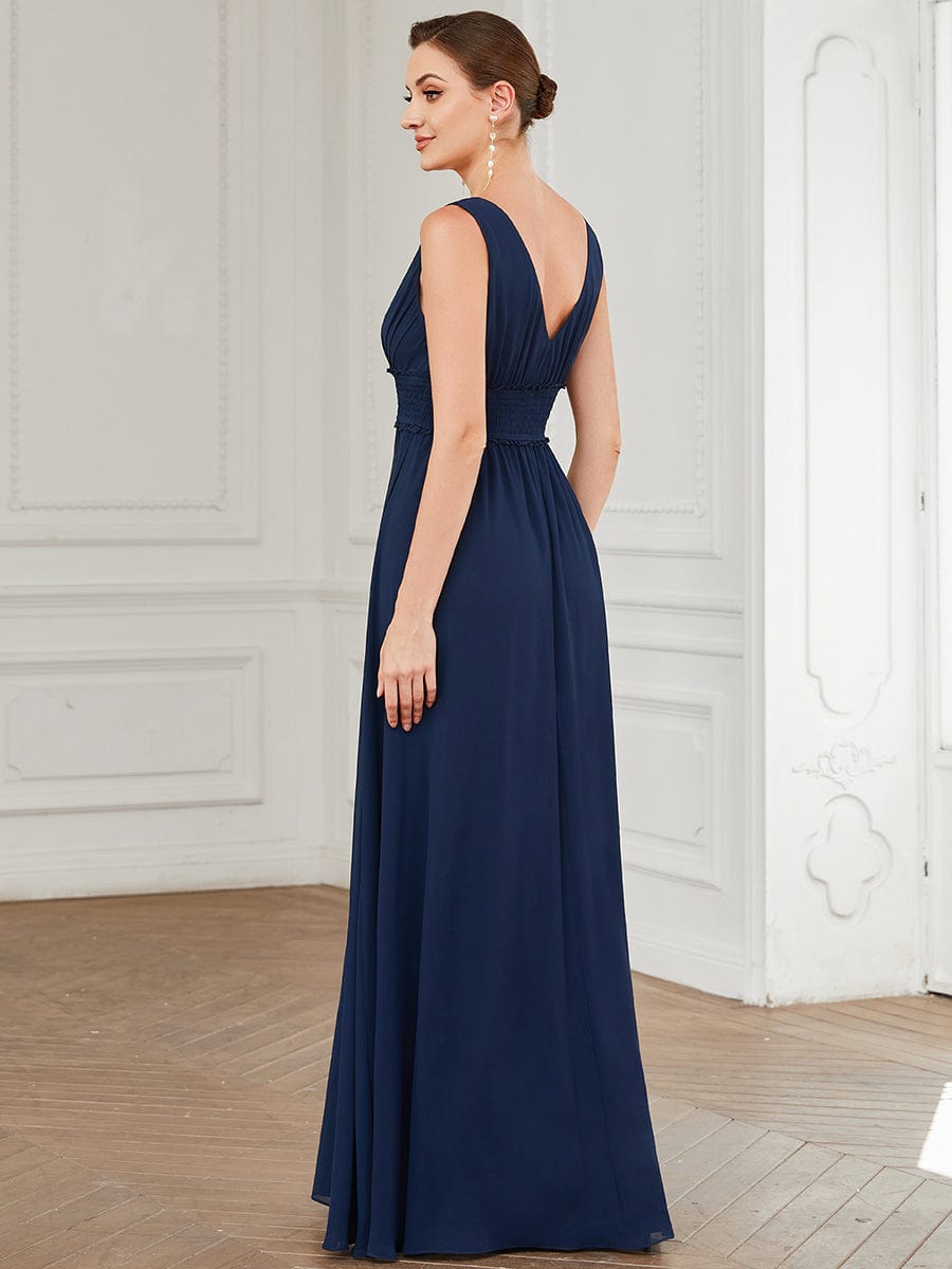 V-Neck Sleeveless Front Slit Pleated Chiffon Bridesmaid Dress #Color_Navy Blue