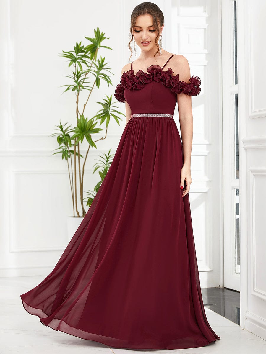 Cold Shoulder Ruffled Sequin Waist A-Line Chiffon Bridesmaid Dress #Color_Burgundy