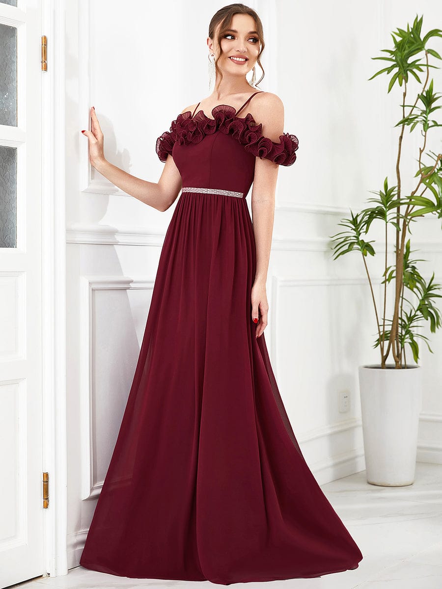 Cold Shoulder Ruffled Sequin Waist A-Line Chiffon Bridesmaid Dress #Color_Burgundy