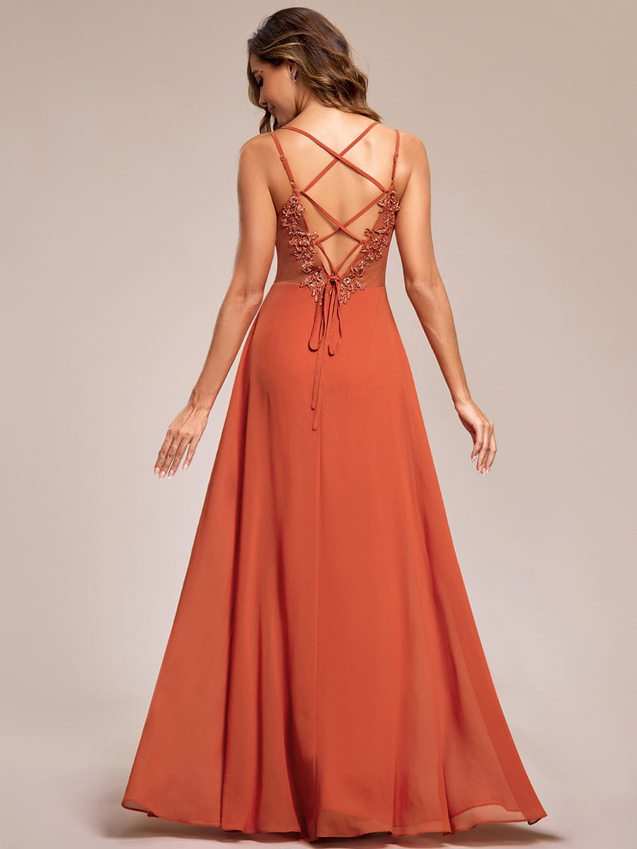 Chiffon and Lace Open Back Bridesmaid Dress with Spaghetti Straps #color_Burnt Orange