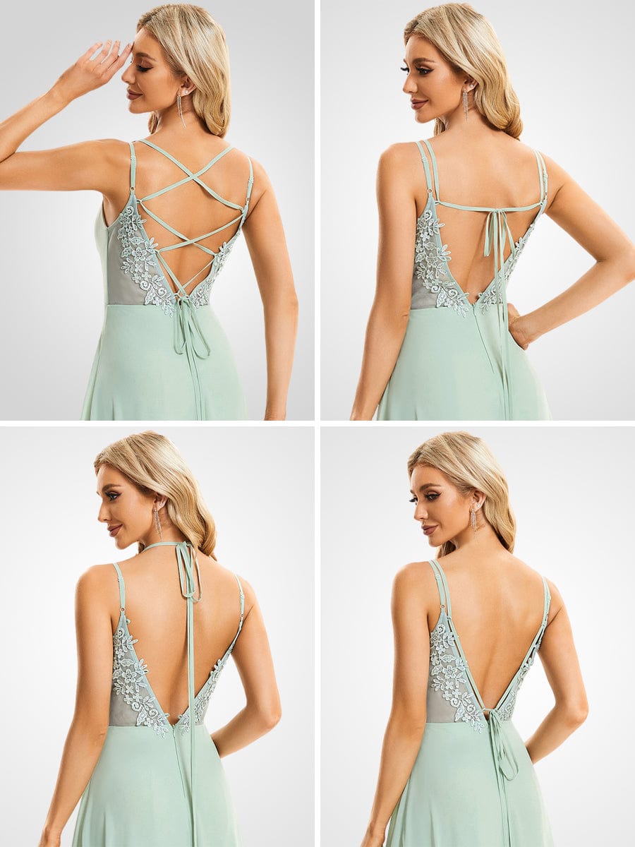Chiffon and Lace Open Back Bridesmaid Dress with Spaghetti Straps #color_Mint Green