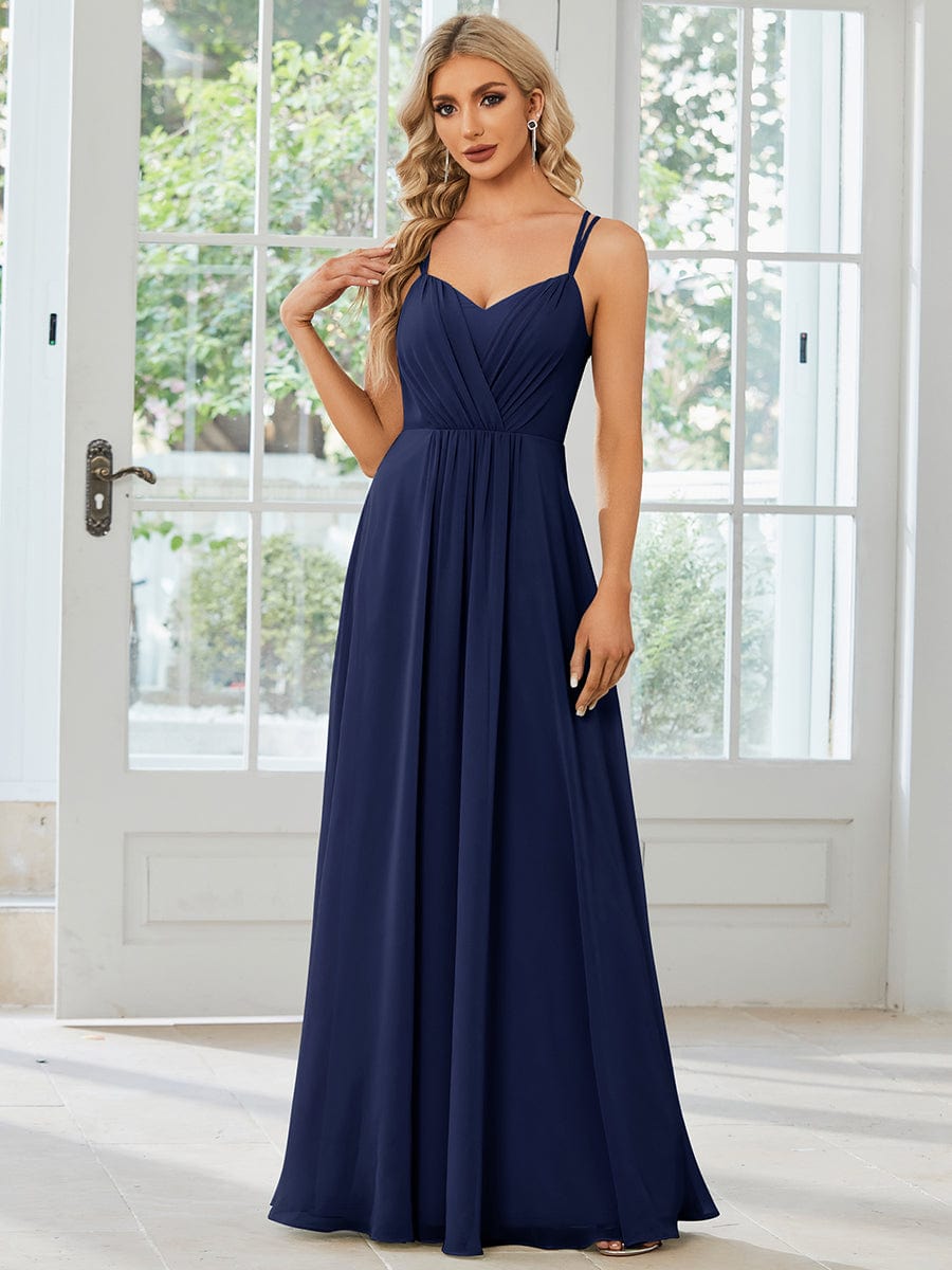 Chiffon and Lace Open Back Bridesmaid Dress with Spaghetti Straps #color_Navy Blue