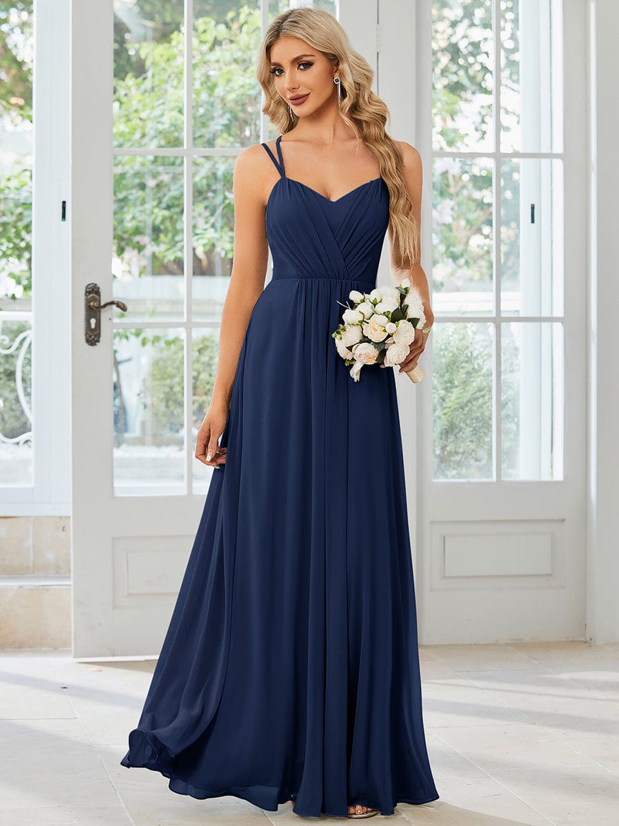 Chiffon and Lace Open Back Bridesmaid Dress with Spaghetti Straps #color_Navy Blue