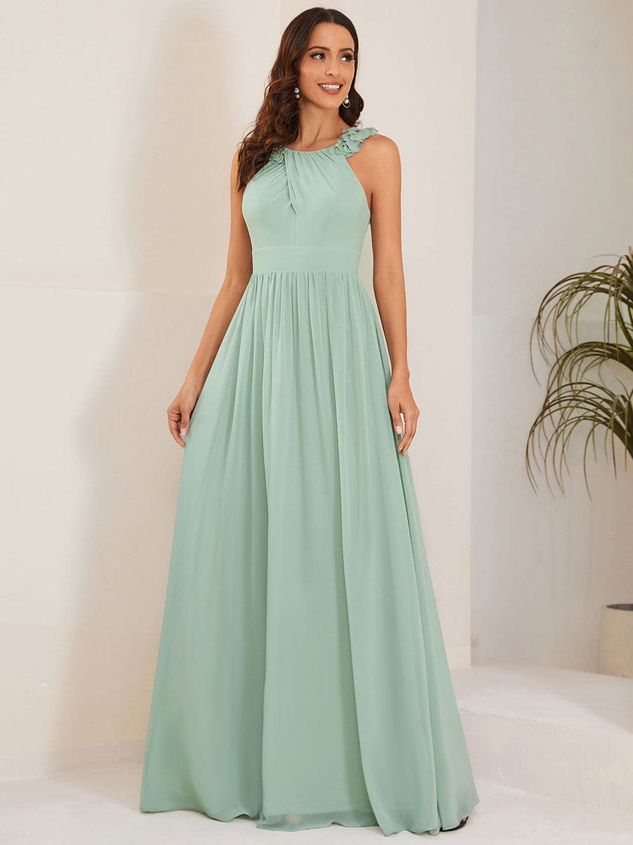 Sleeveless Floral Applique V-Neck A-Line Chiffon Bridesmaid Dress #color_Mint Green