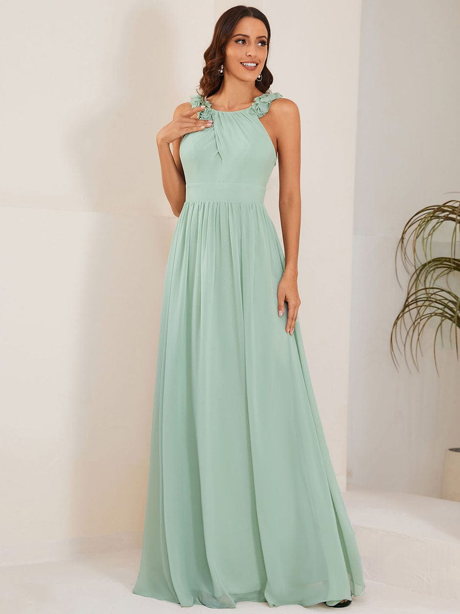 Sleeveless Floral Applique V-Neck A-Line Chiffon Bridesmaid Dress #color_Mint Green