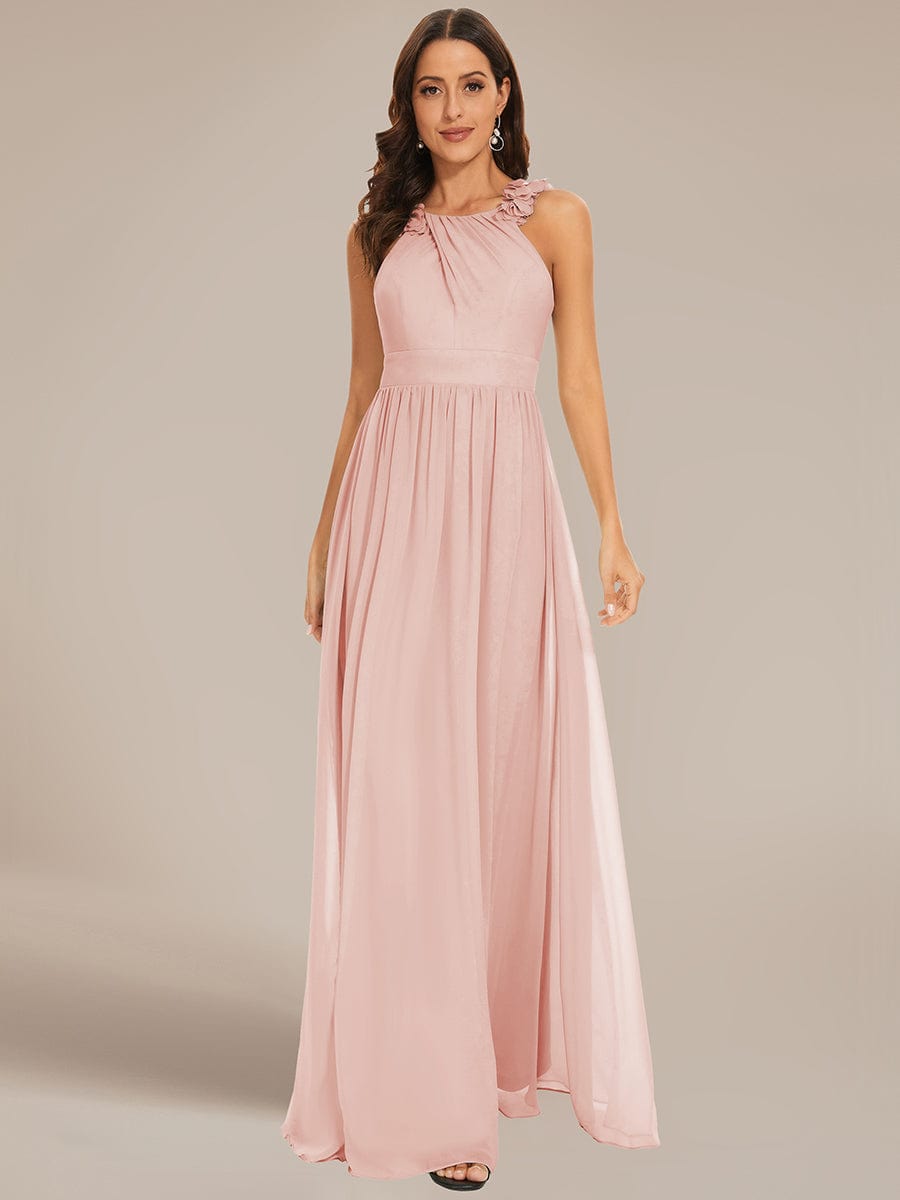 Sleeveless Floral Applique V-Neck A-Line Chiffon Bridesmaid Dress #color_Pink