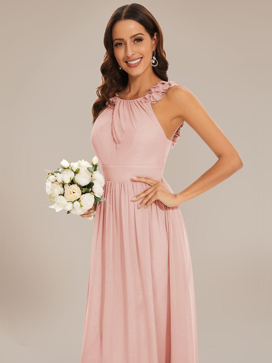 Sleeveless Floral Applique V-Neck A-Line Chiffon Bridesmaid Dress #color_Pink