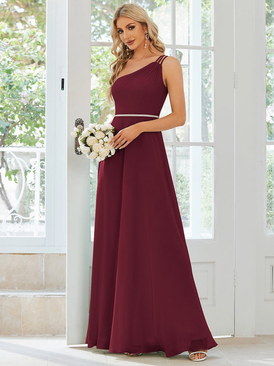 Flowy Chiffon One-Shoulder Bridesmaid Dress with Spaghetti Strap #color_Burgundy