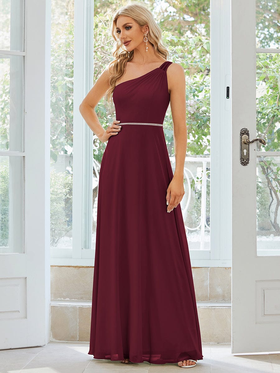 Flowy Chiffon One-Shoulder Bridesmaid Dress with Spaghetti Strap #color_Burgundy