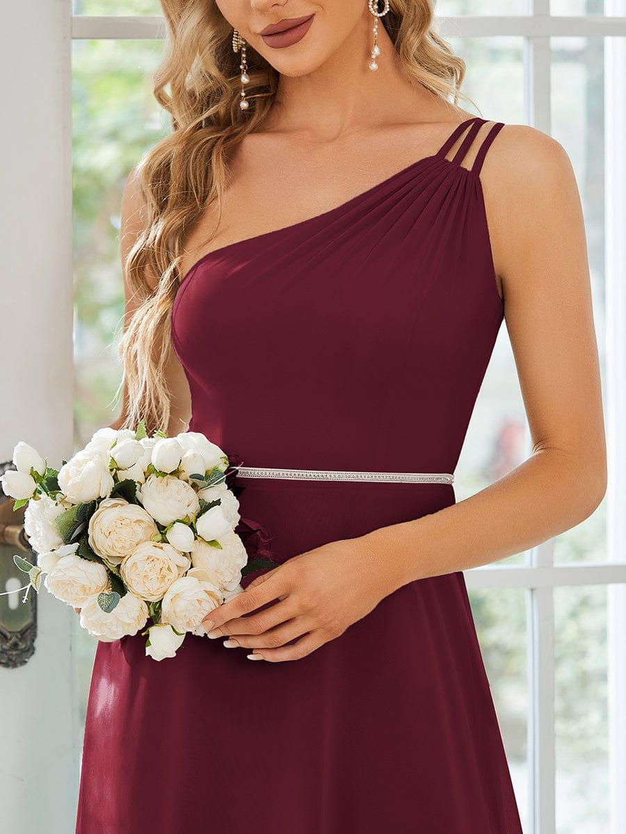 Flowy Chiffon One-Shoulder Bridesmaid Dress with Spaghetti Strap #color_Burgundy