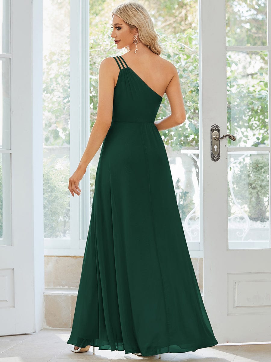 Flowy Chiffon One-Shoulder Bridesmaid Dress with Spaghetti Strap #color_Dark Green