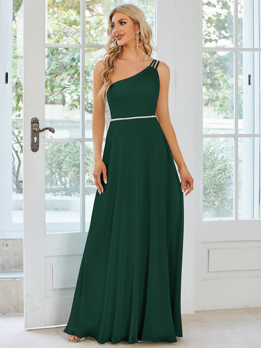 Flowy Chiffon One-Shoulder Bridesmaid Dress with Spaghetti Strap #color_Dark Green