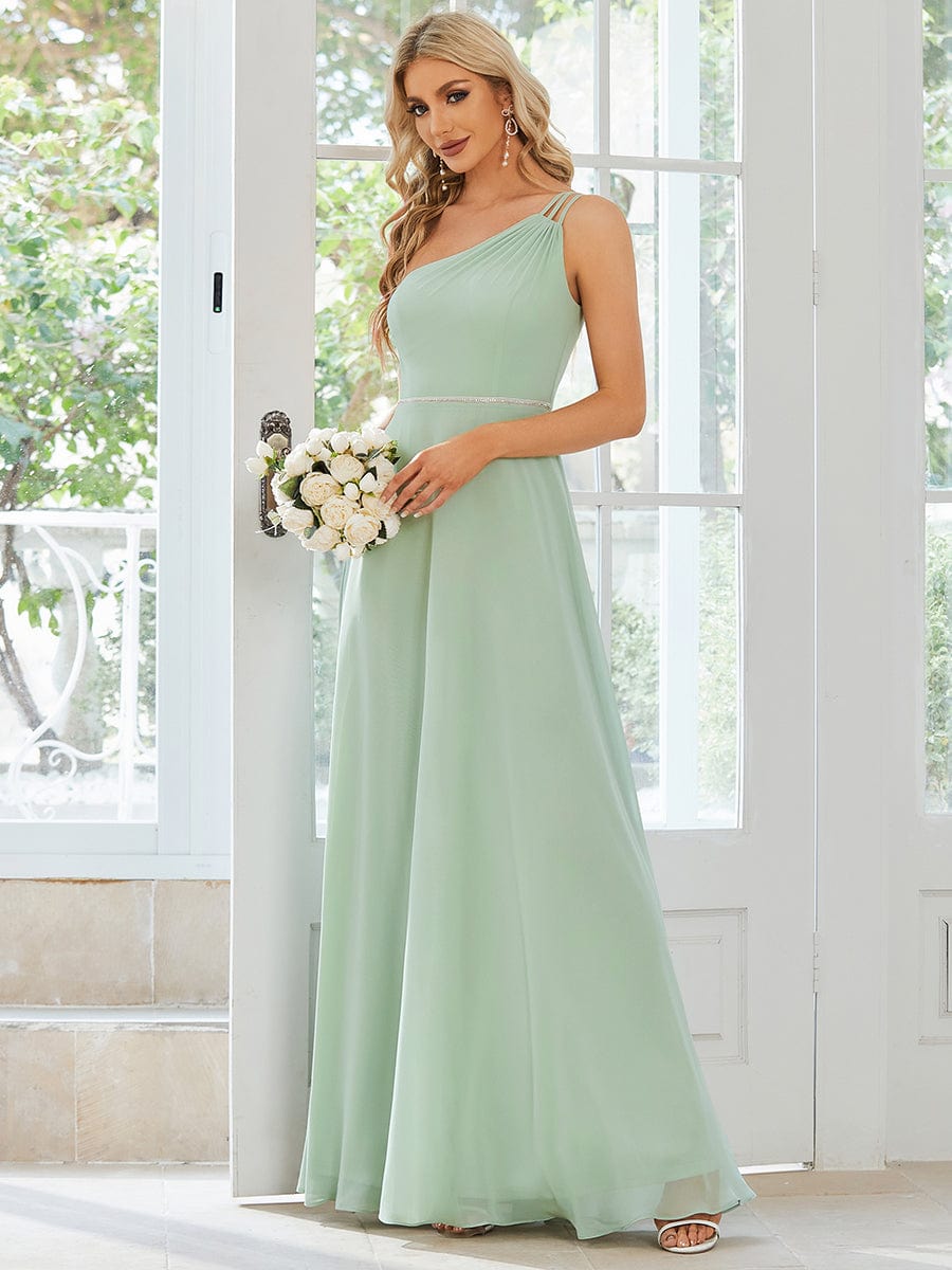 Flowy Chiffon One-Shoulder Bridesmaid Dress with Spaghetti Strap #color_Mint Green