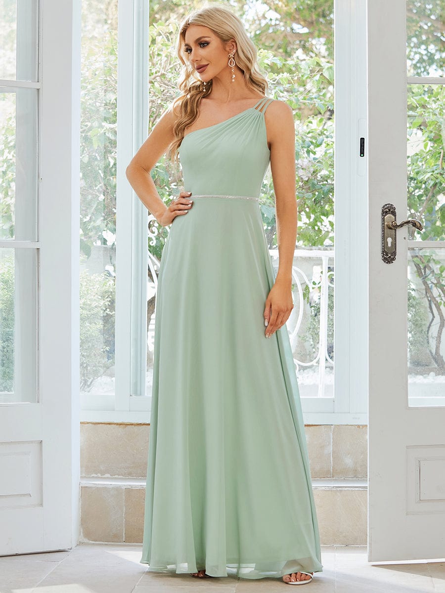 Flowy Chiffon One-Shoulder Bridesmaid Dress with Spaghetti Strap #color_Mint Green