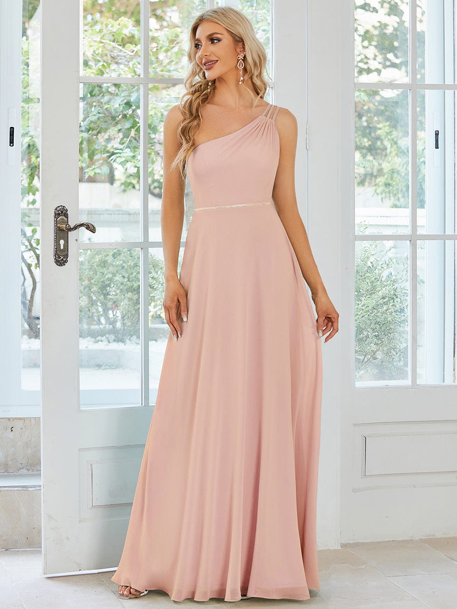 Flowy Chiffon One-Shoulder Bridesmaid Dress with Spaghetti Strap #color_Pink