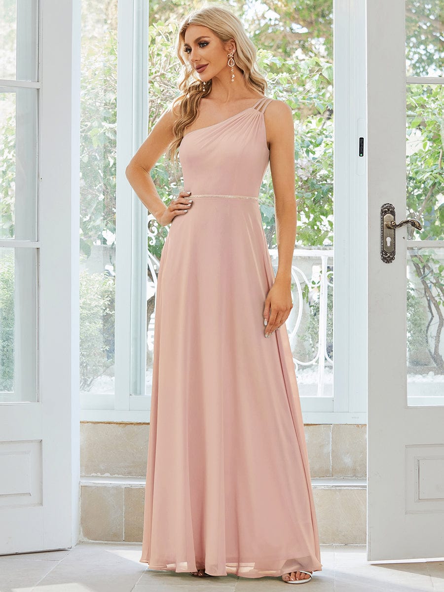 Custom Size Flowy Chiffon One-Shoulder Bridesmaid Dress with Spaghetti Strap #color_Pink