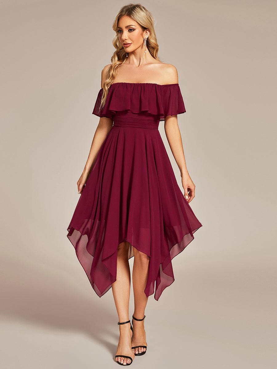 Flowy Off-The-Shoulder Bridesmaid Dress with Asymmetrical Hemline #Color_Burgundy