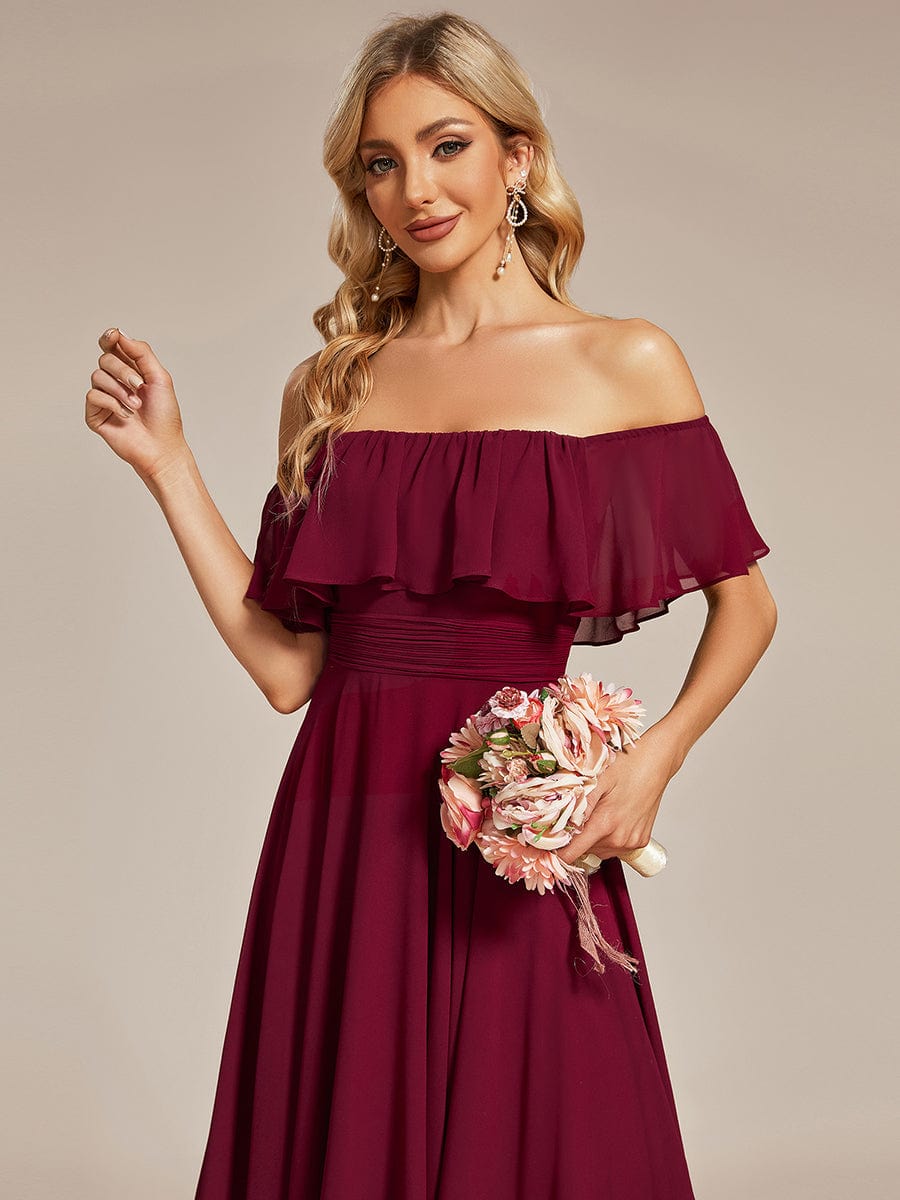 Flowy Off-The-Shoulder Bridesmaid Dress with Asymmetrical Hemline #Color_Burgundy