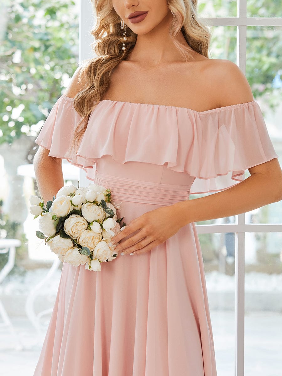 Flowy Off-The-Shoulder Bridesmaid Dress with Asymmetrical Hemline #Color_Pink