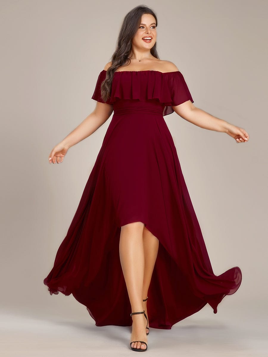 Chiffon Off-The-Shoulder High Low Bridesmaid Dress #Color_Burgundy