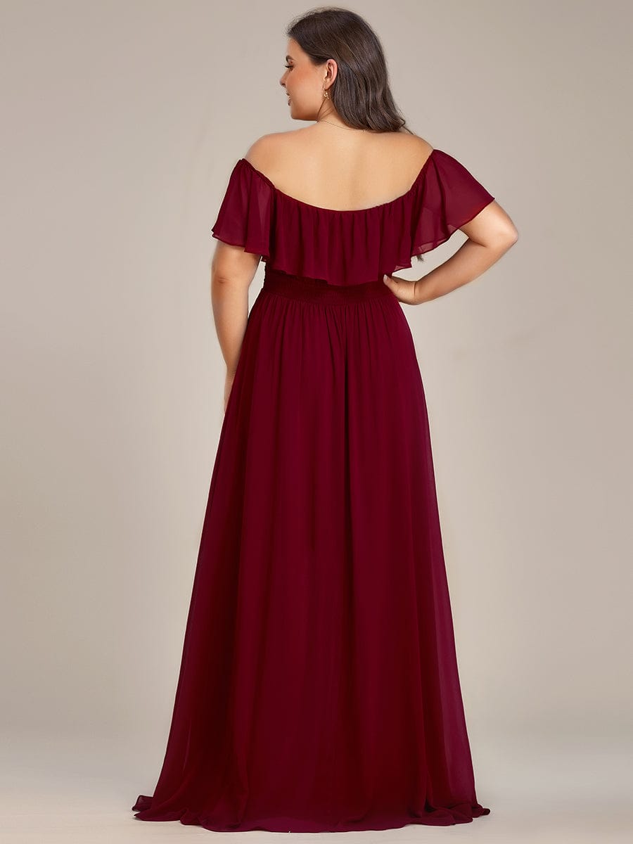 Chiffon Off-The-Shoulder High Low Bridesmaid Dress #Color_Burgundy