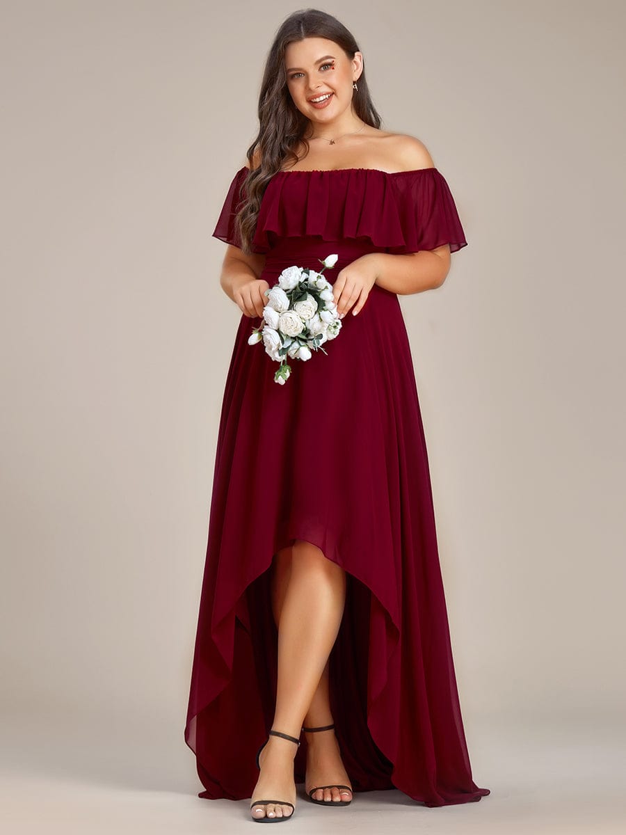 Plus Size Flowy Chiffon High-Low Off The Shoulder Bridesmaid Dress #color_Burgundy