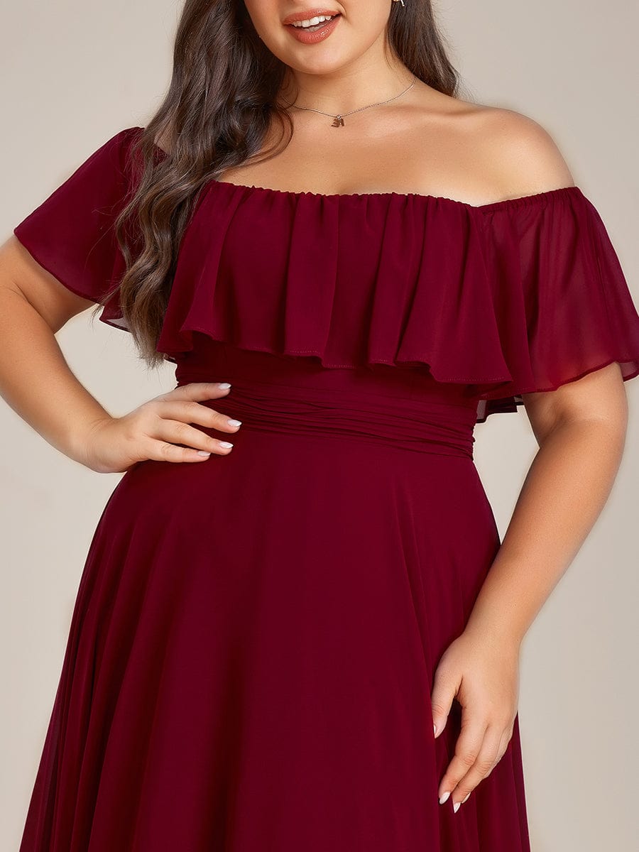 Chiffon Off-The-Shoulder High Low Bridesmaid Dress #Color_Burgundy