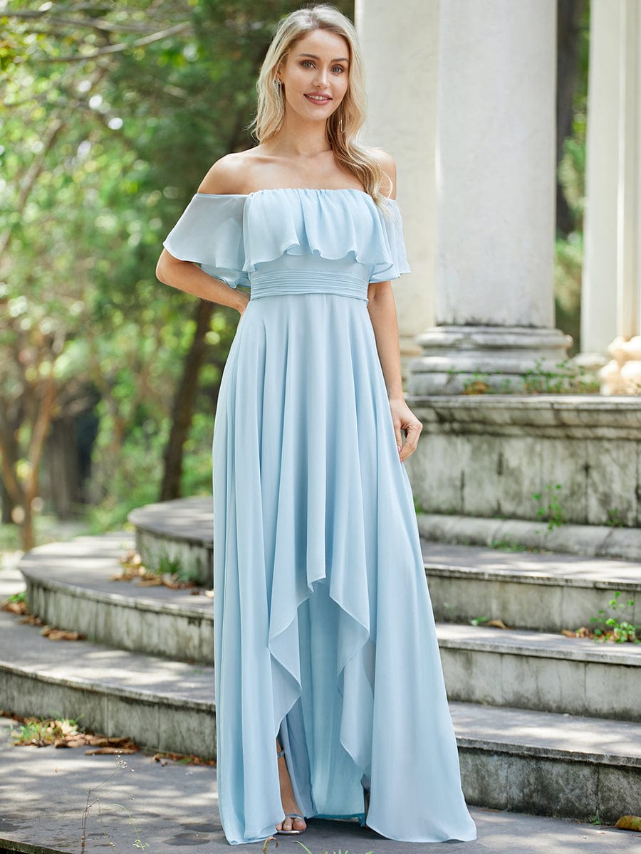 Chiffon Off-The-Shoulder High Low Bridesmaid Dress #Color_Sky Blue