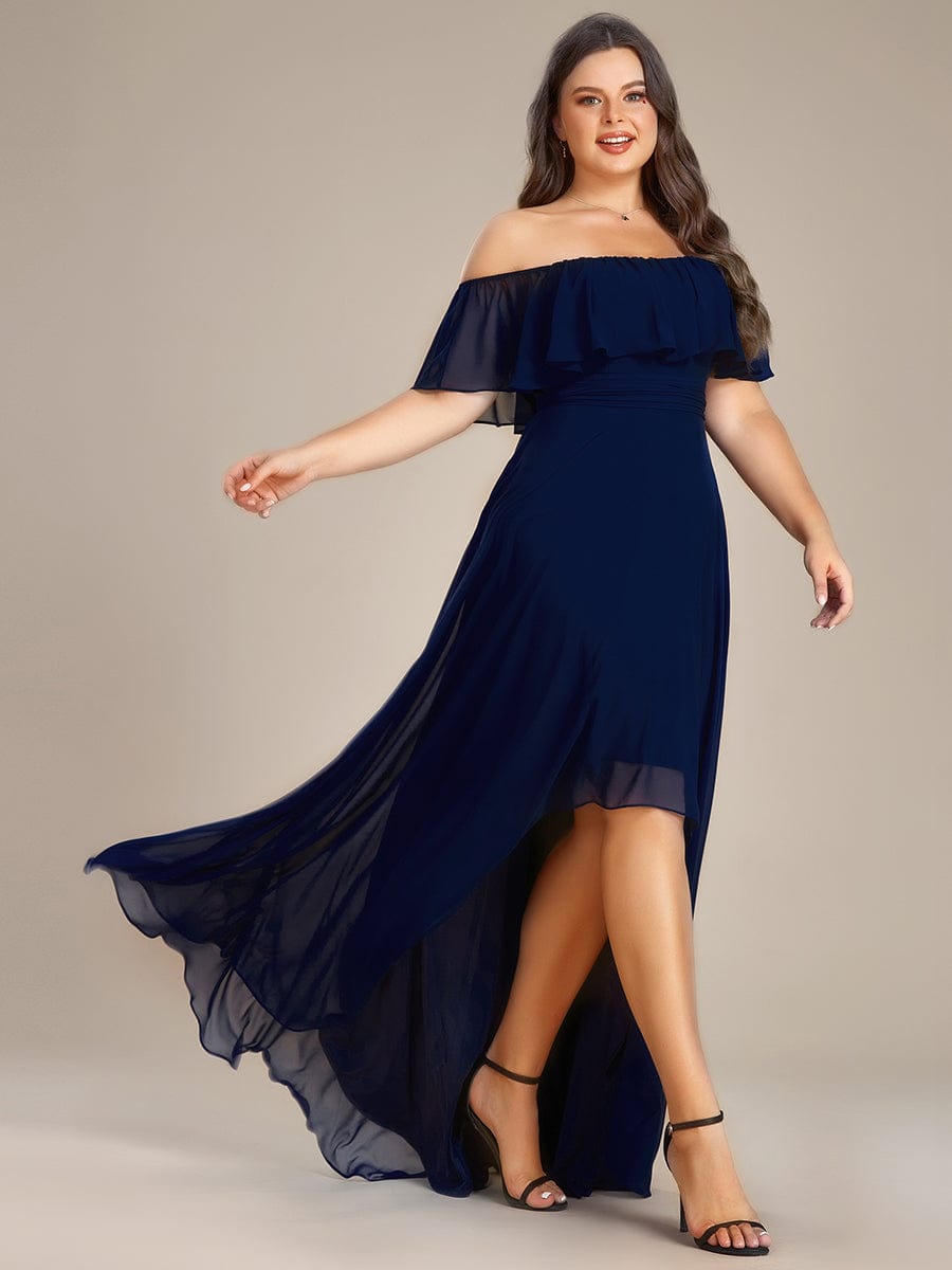 Chiffon Off-The-Shoulder High Low Bridesmaid Dress #Color_Navy Blue