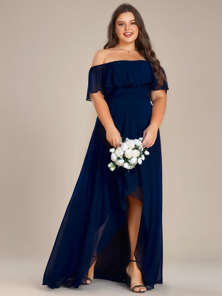 Chiffon Off-The-Shoulder High Low Bridesmaid Dress #Color_Navy Blue