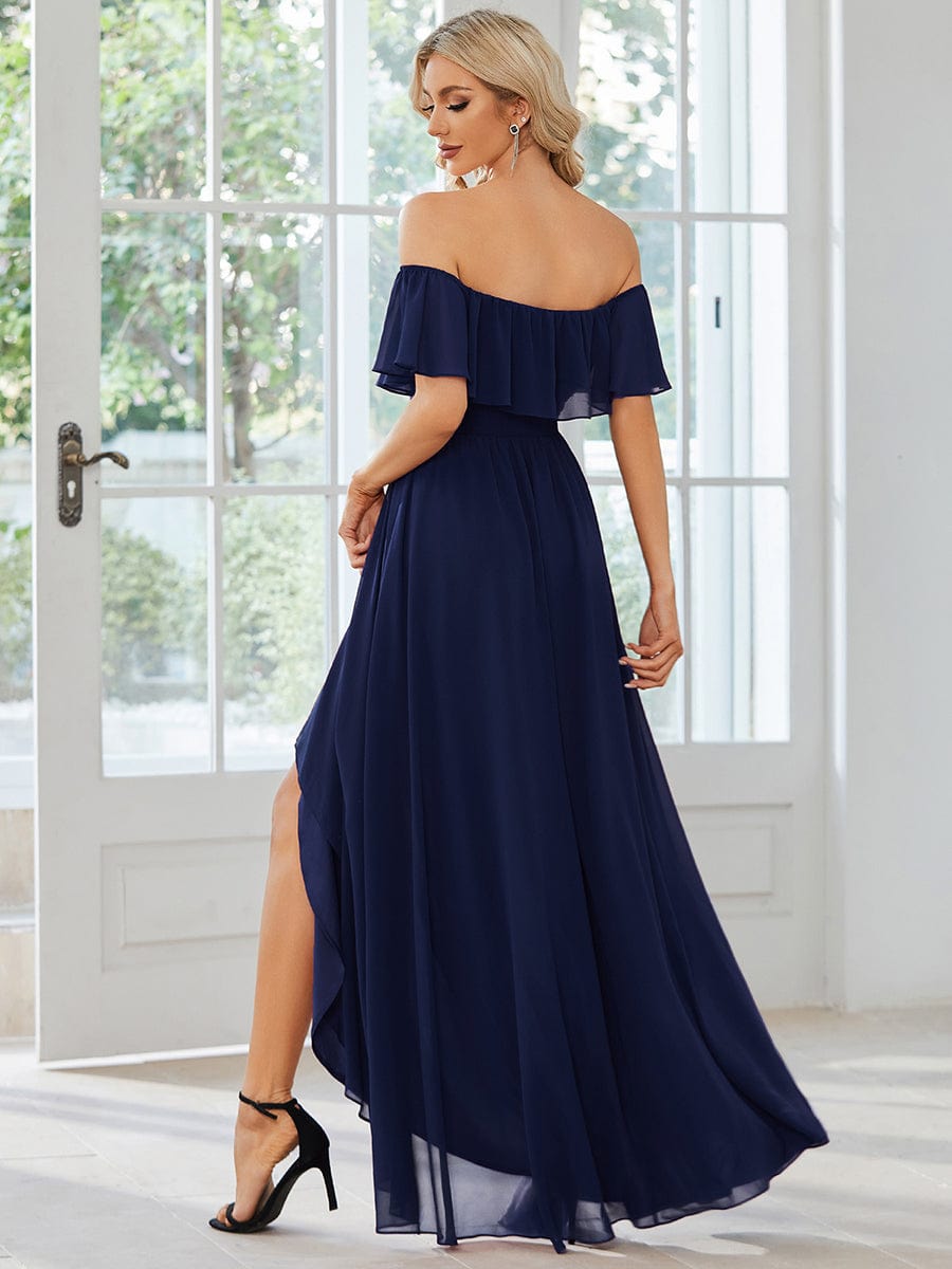 Lace Chiffon Long Bridesmaid Dress with Open Back  #Color_Navy Blue