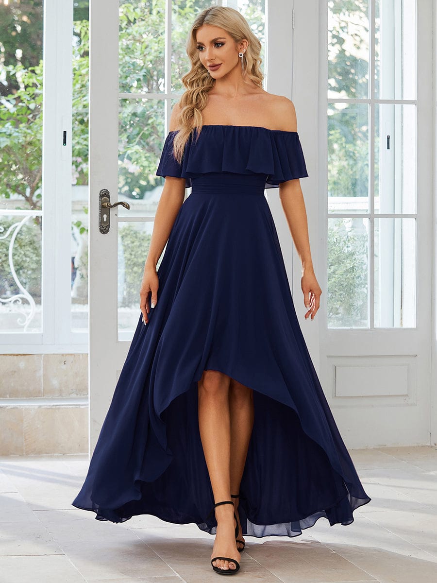 Lace Chiffon Long Bridesmaid Dress with Open Back  #Color_Navy Blue